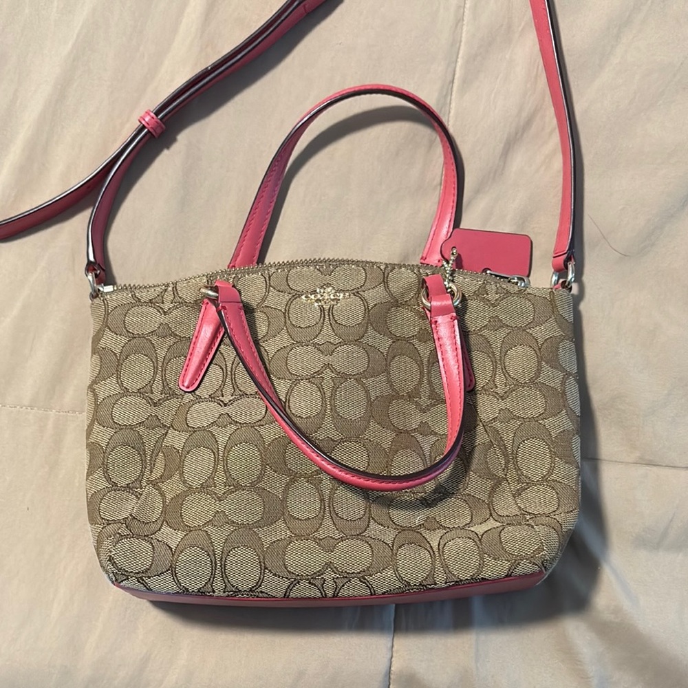 💕Coach Pink and Tan mini Kelsey satchel #F57830